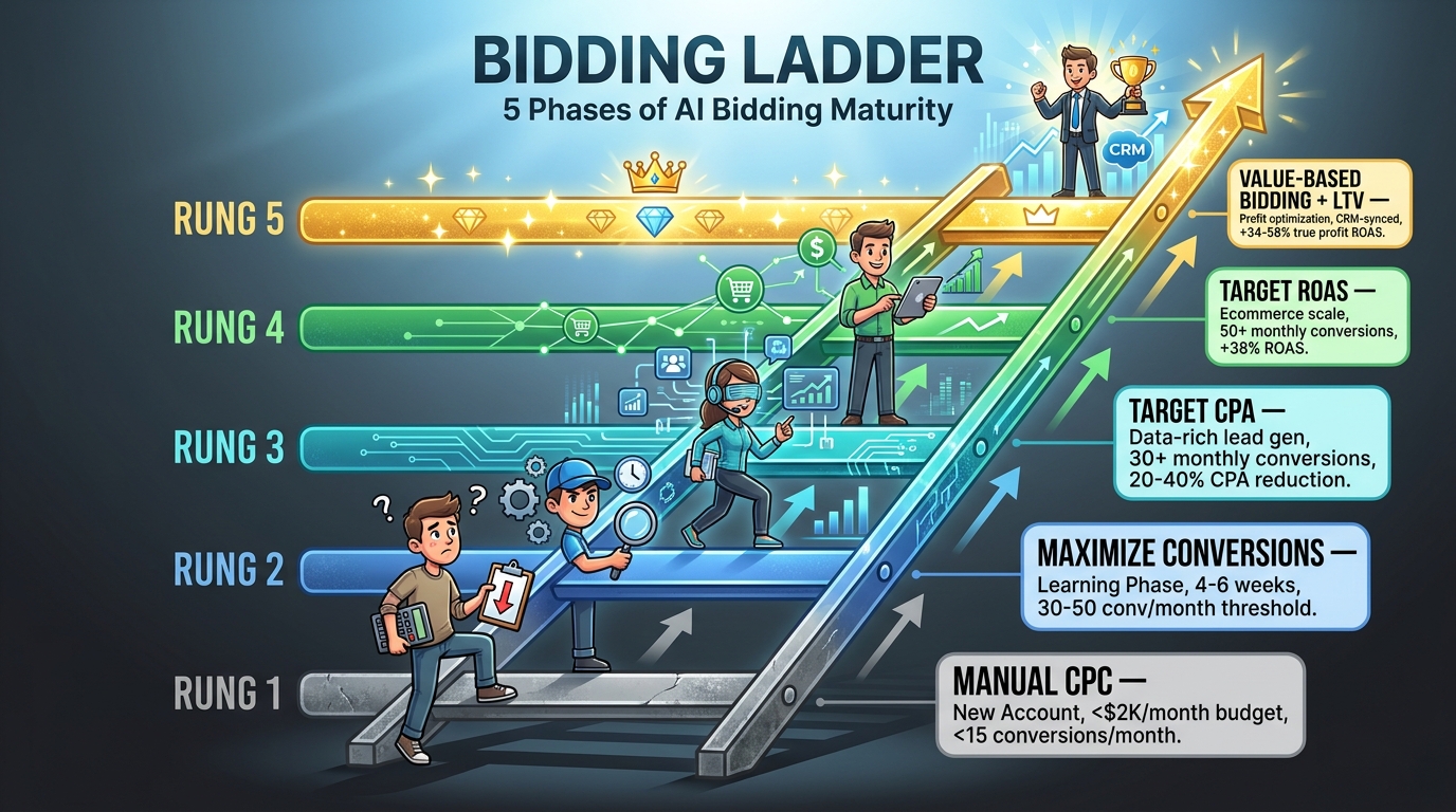 AI bidding ladder showing five phases from manual CPC to value-based LTV optimization for 2026