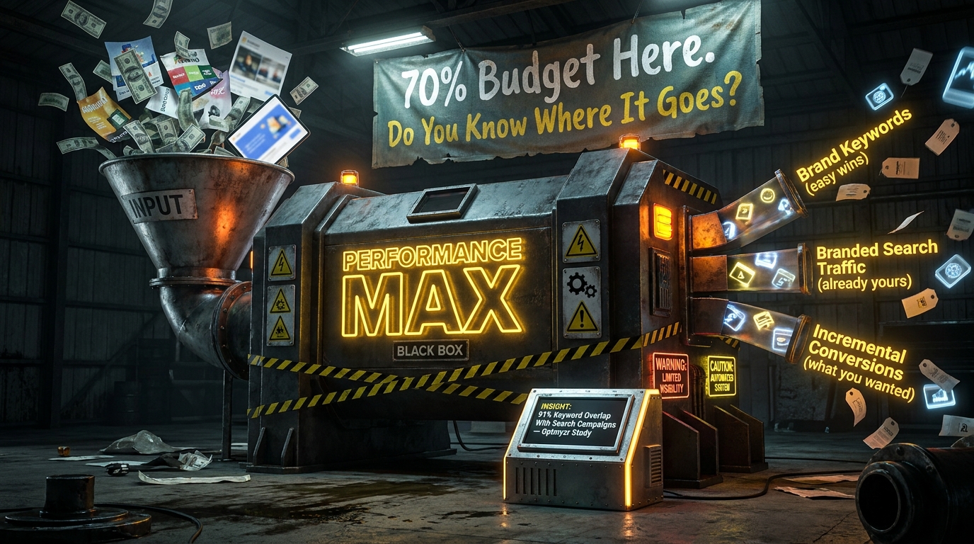 Performance Max campaign as a black box machine showing budget control issues and brand keyword cannibalization