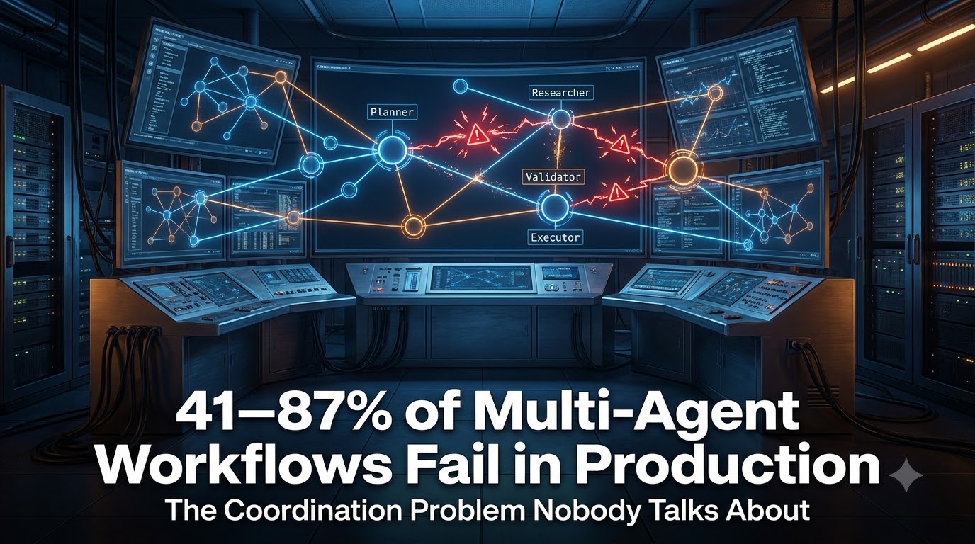 Multi-agent AI workflow control room with interconnected agent nodes and red warning indicators showing coordination failures