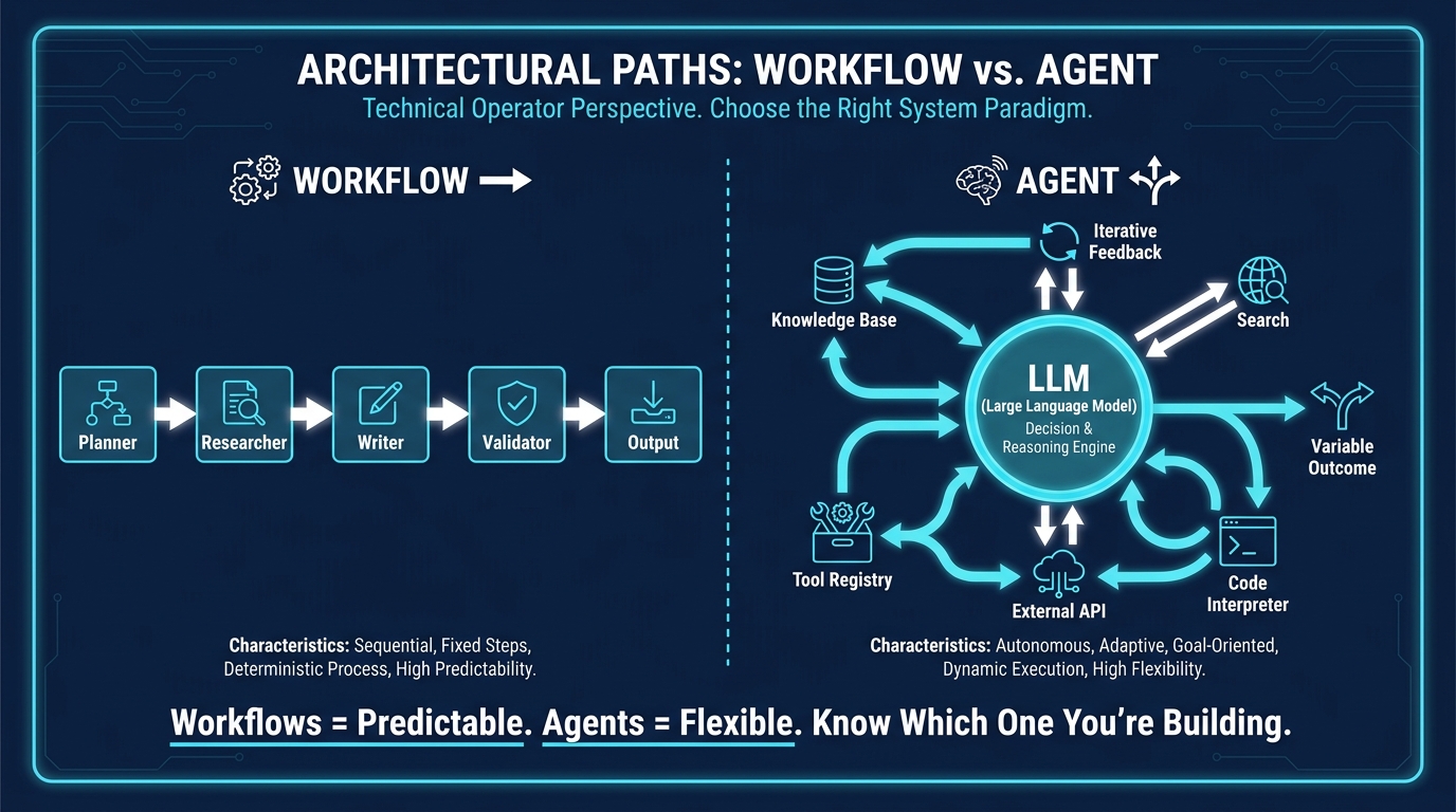 Side-by-side diagram comparing deterministic workflow chains versus dynamic agent decision loops