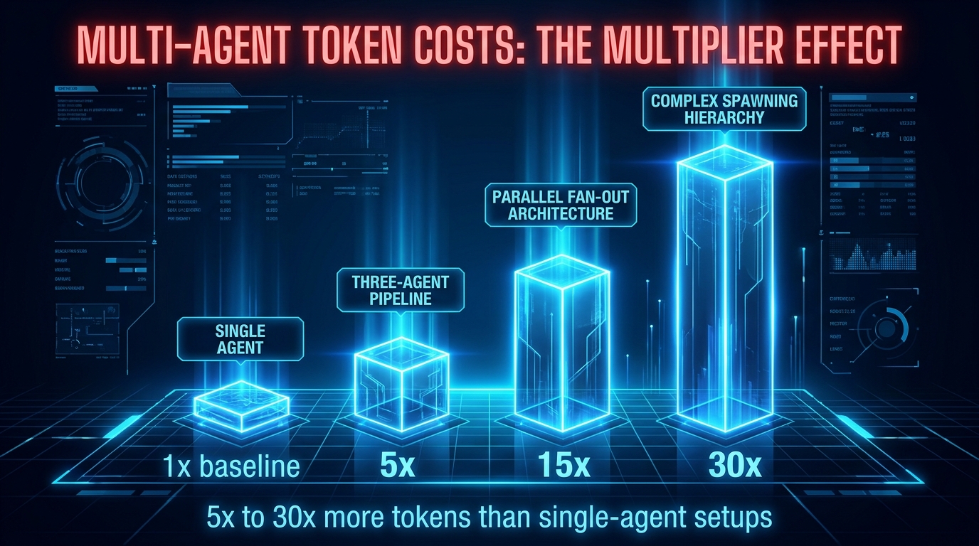 Bar chart showing token cost multipliers for multi-agent AI architectures from single agent baseline to 30x for complex spawning hierarchies