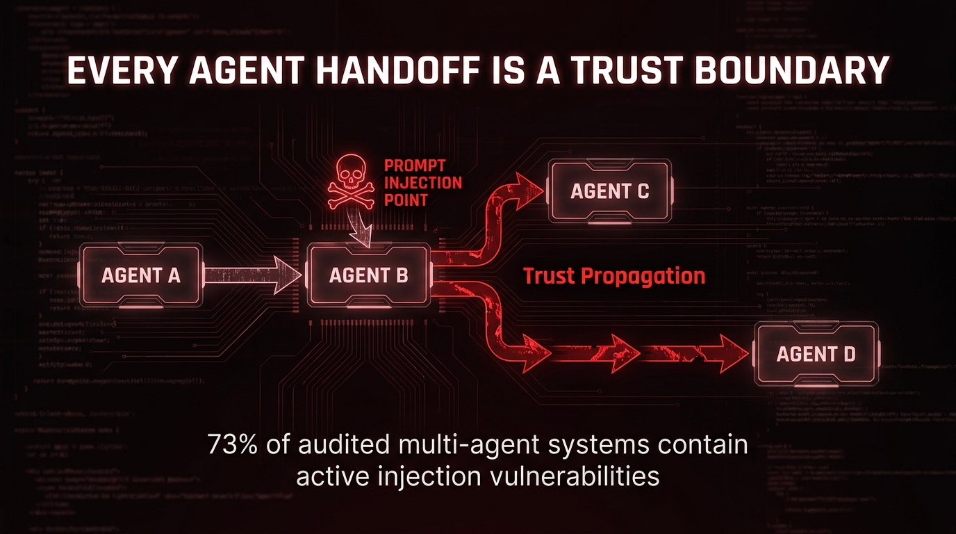 Multi-agent AI security diagram showing prompt injection point at Agent B with contamination spreading downstream through agent chain