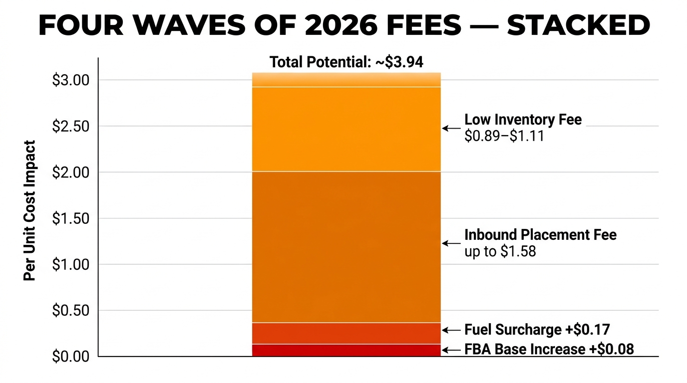 Stacked bar chart showing four waves of Amazon 2026 fees per unit: FBA base increase, fuel surcharge, inbound placement, and low inventory fee