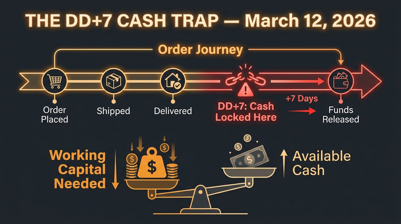 Amazon DD+7 cash flow timeline showing the 7-day payout hold after delivery under the 2026 Delivery Date Based Reserve policy