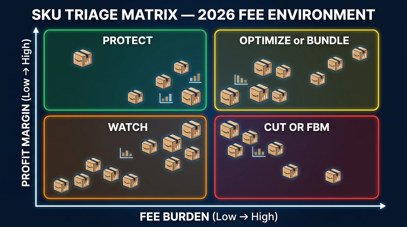 SKU triage matrix for Amazon sellers in 2026 — a 2x2 quadrant grid showing which products to protect, optimize, watch, or cut based on fee burden and profit margin