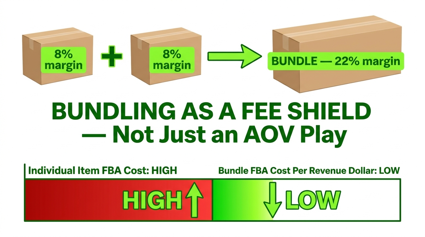 Amazon product bundling as a fee reduction strategy — showing how combining products improves margin from 8% to 22% per unit