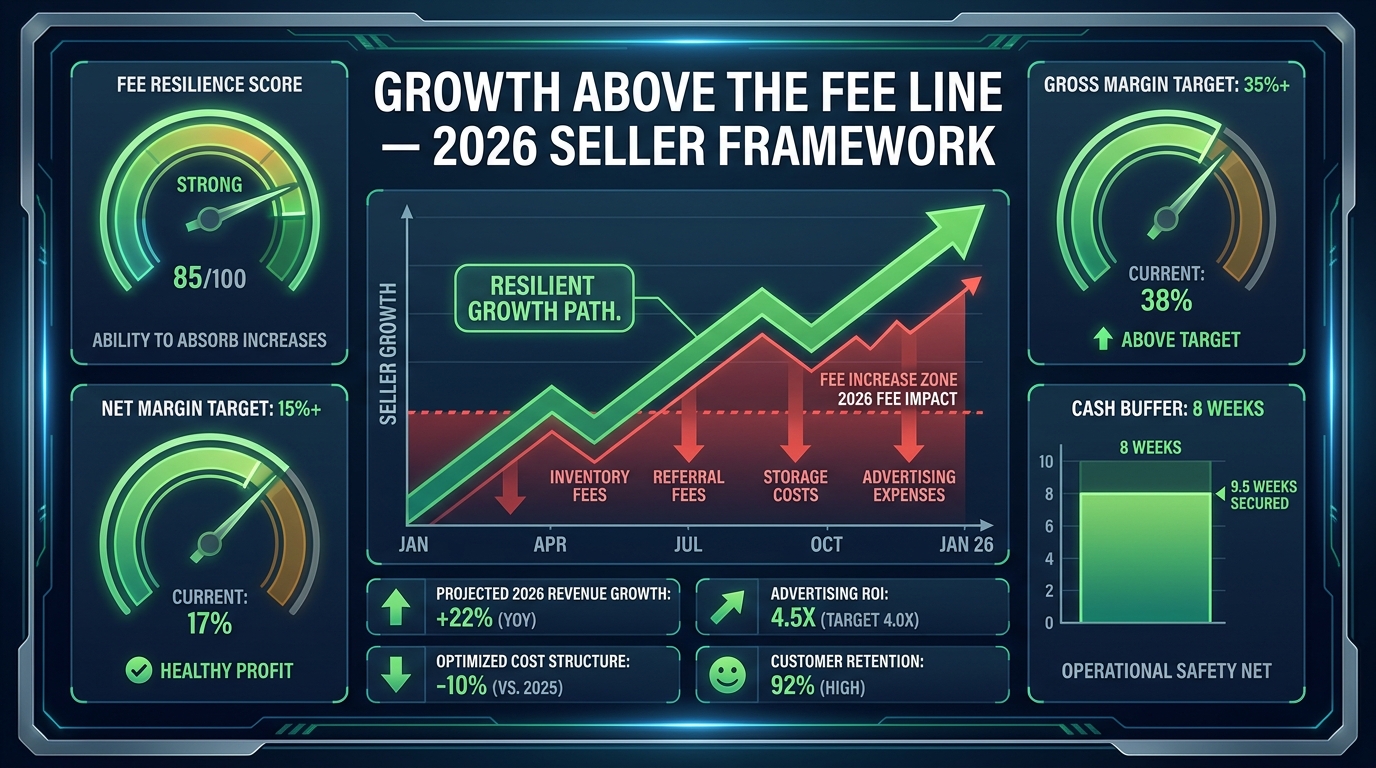 Amazon seller growth planning dashboard showing fee resilience score, gross margin targets, and a growth trend line rising above the fee burden zone