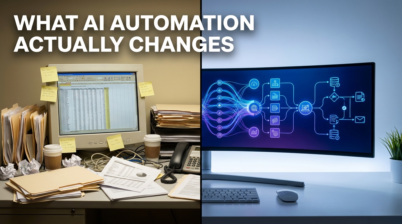 AI automation transforming a business workspace — from chaotic paper-based processes to streamlined AI-driven workflows