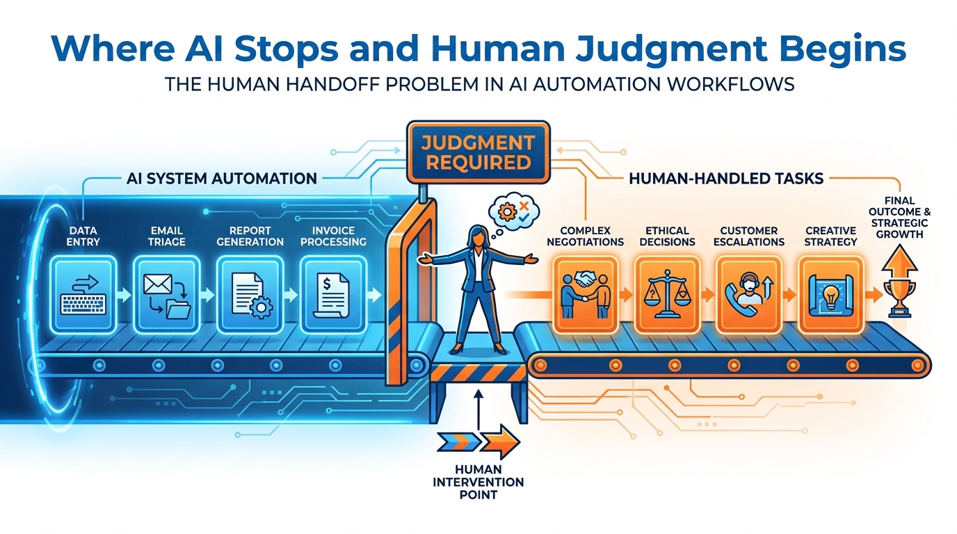 The human handoff problem in AI automation — a conveyor belt diagram showing where AI-handled tasks end and human judgment begins