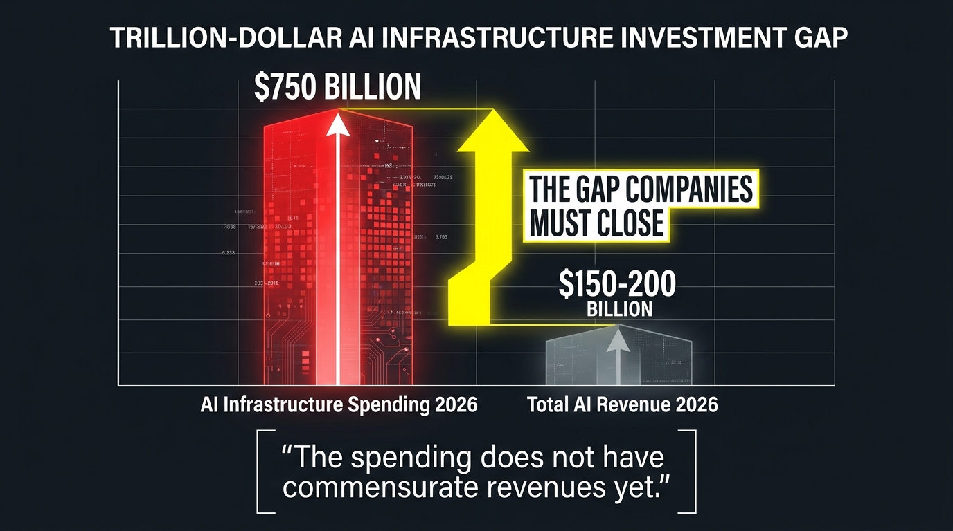 Bar chart showing the AI infrastructure spending gap: $750 billion in spending versus $150-200 billion in revenue in 2026, highlighting the gap businesses must close