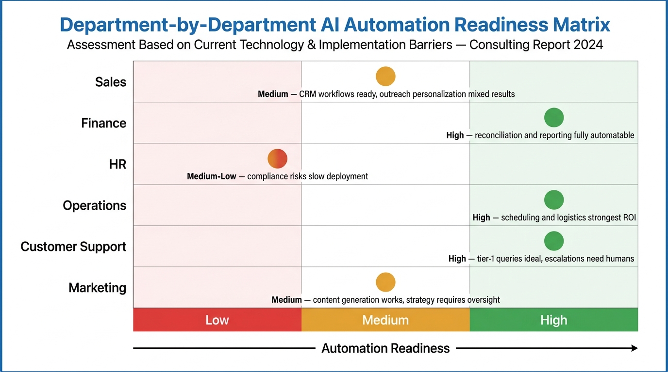 AI automation readiness matrix by department — showing Finance and Operations as highest readiness, HR and Marketing as medium, with color-coded readiness indicators