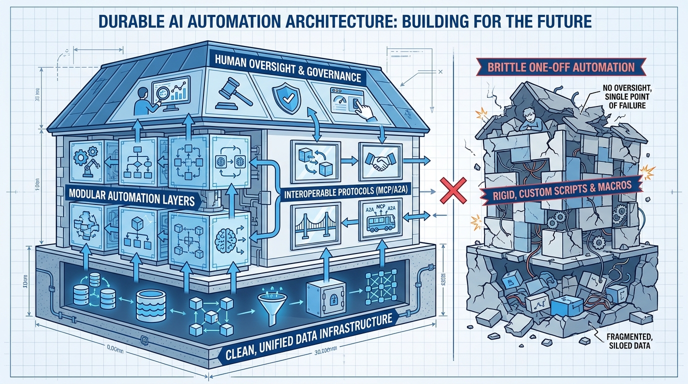 Durable AI automation architecture illustrated as a well-constructed building with foundations of clean data, walls of modular automation, and a roof of human oversight