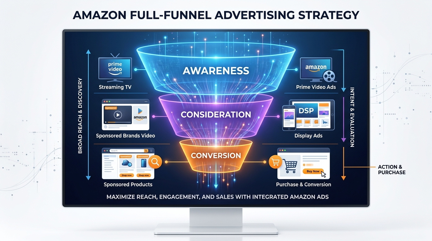 Amazon full-funnel advertising funnel diagram showing Awareness, Consideration, and Conversion layers with ad format icons