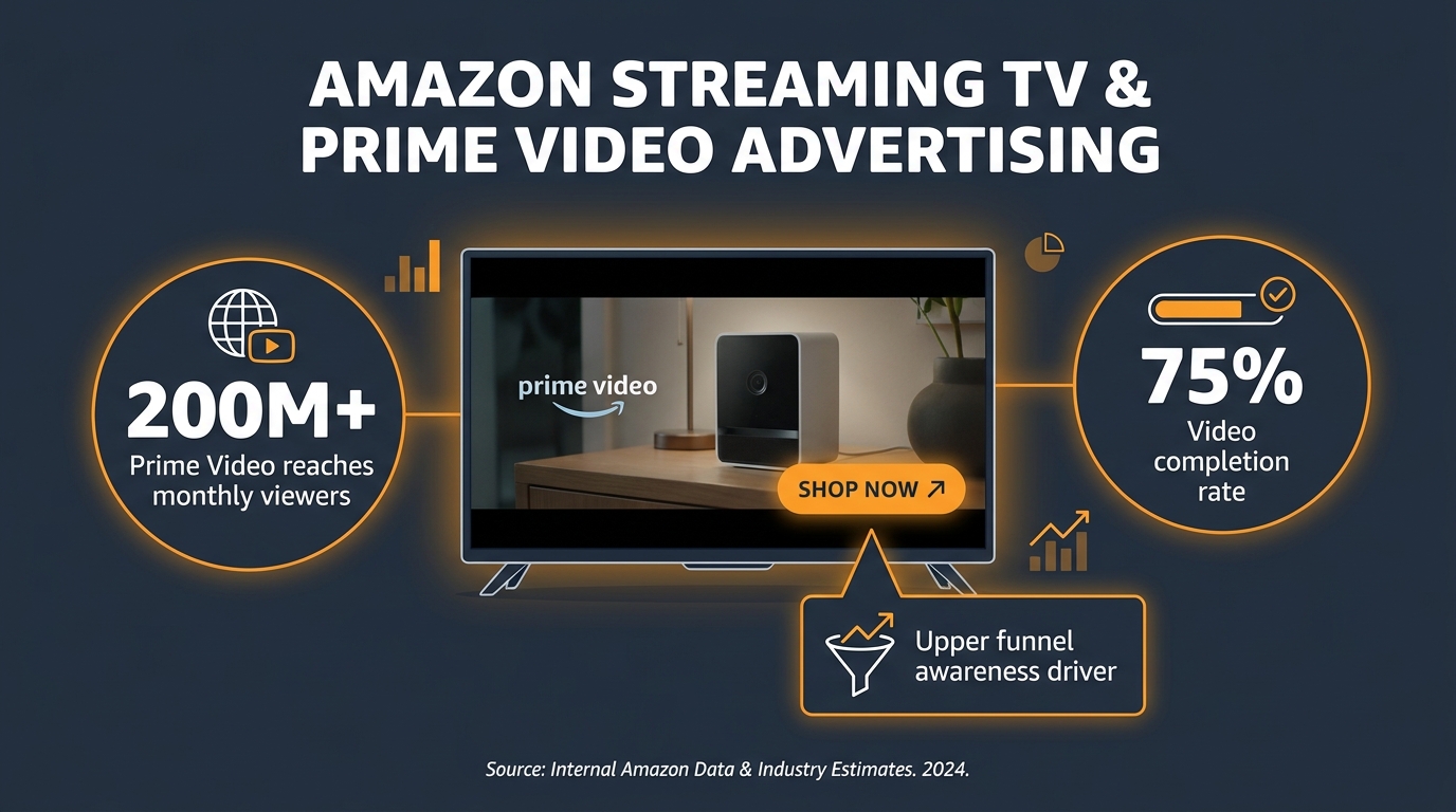 Amazon Prime Video advertising on living room TV with Shop Now interactive overlay and reach statistics