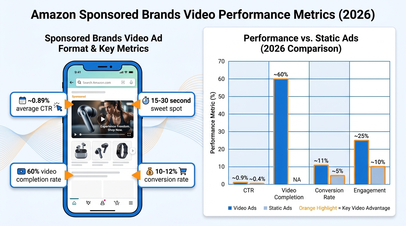 Amazon Sponsored Brands Video ad performance metrics showing 0.89% CTR, 60% completion rate, and 10-12% conversion rate benchmarks