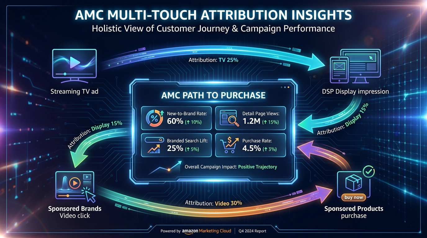 Amazon Marketing Cloud multi-touch attribution flowchart showing customer path from Streaming TV through Sponsored Products with AMC dashboard metrics