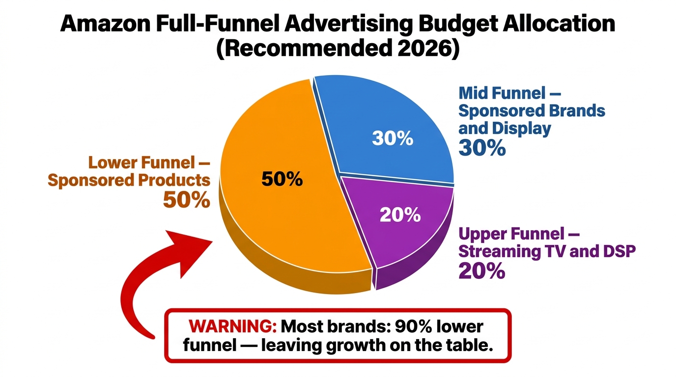 Amazon full-funnel advertising budget allocation chart showing recommended 50-30-20 split versus typical 90% lower-funnel-only allocation