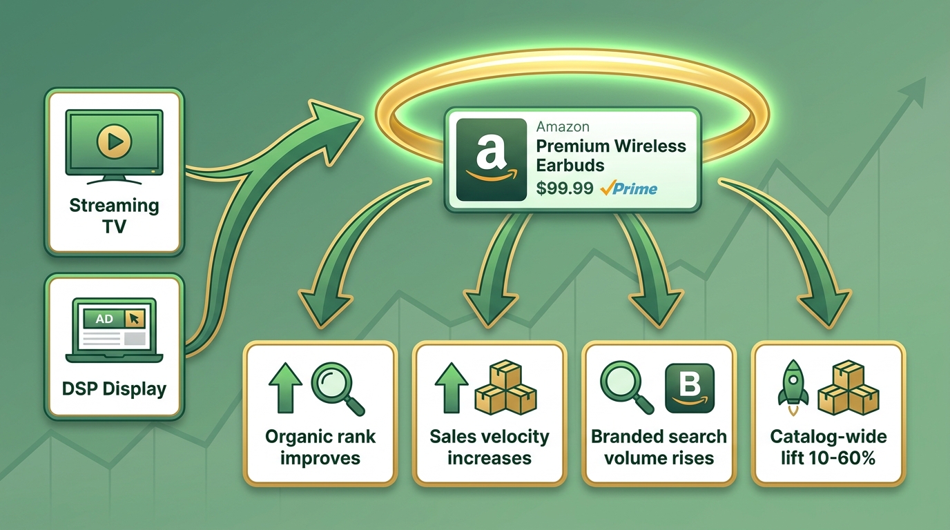 Amazon brand halo effect diagram showing how upper-funnel advertising lifts organic rank, sales velocity, and branded search volume by 10-60%