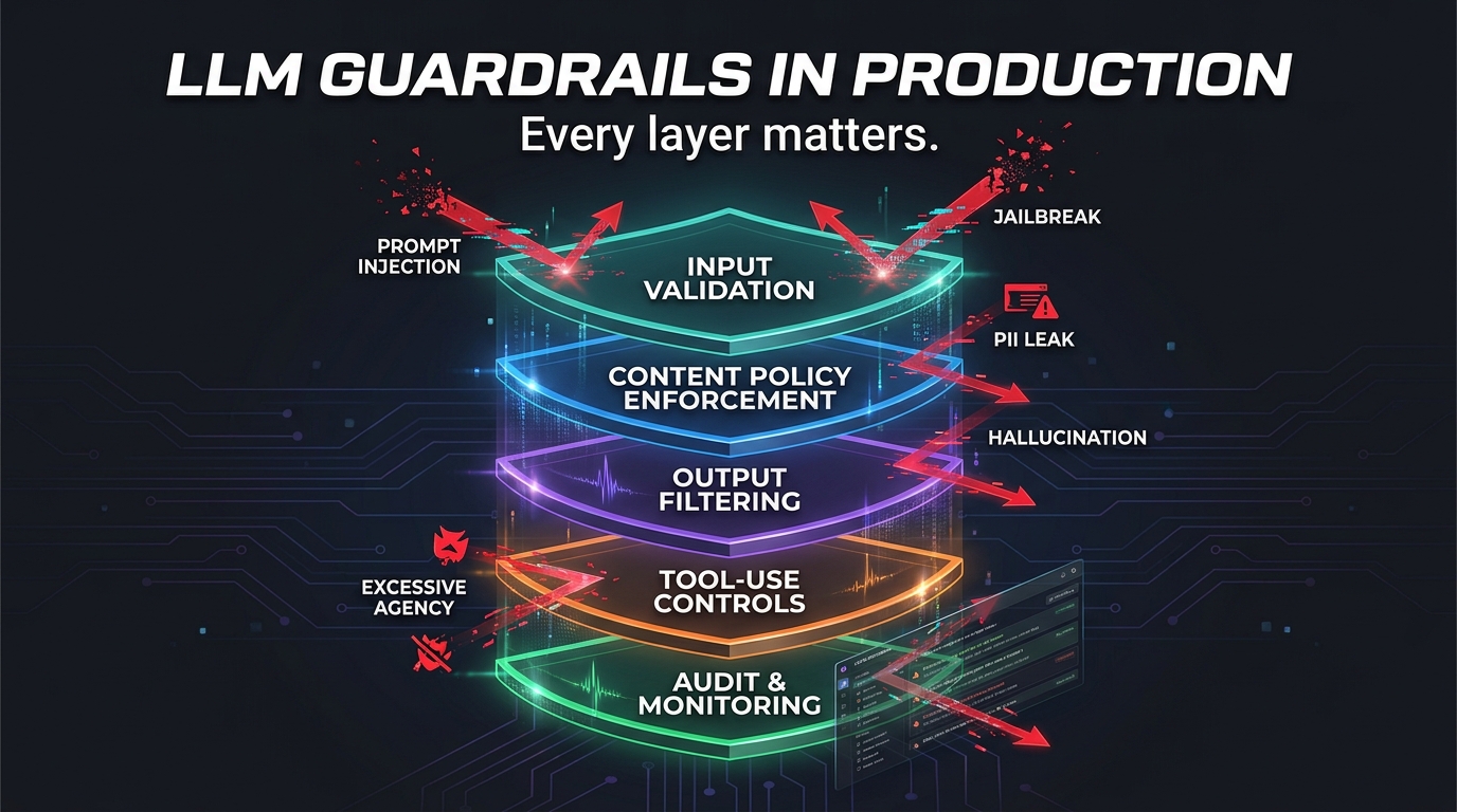 LLM guardrails in production: layered security architecture showing input validation, content policy enforcement, output filtering, tool-use controls, and audit monitoring