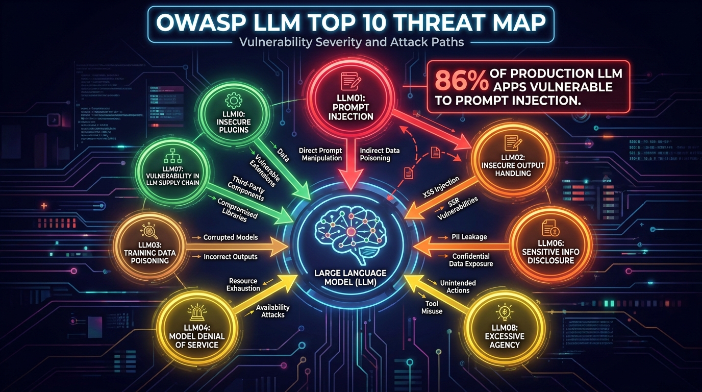 OWASP LLM Top 10 threat map showing 10 attack vectors surrounding a central LLM model, with prompt injection as the highest severity risk