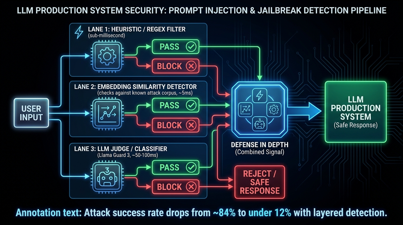 Prompt injection and jailbreak detection pipeline showing three parallel detection lanes: heuristic filter, embedding similarity detector, and LLM classifier with combined defense-in-depth output