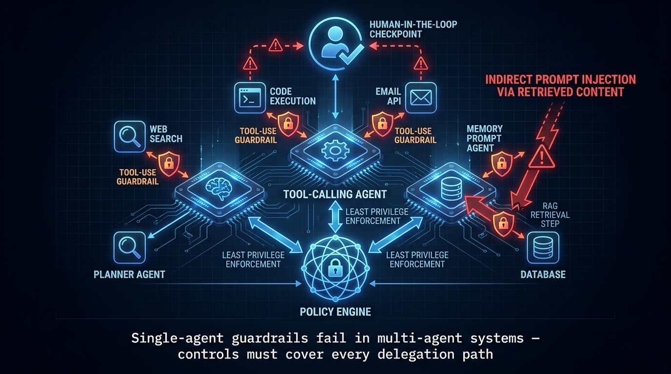 Architecture diagram of agentic AI guardrails showing Planner, Tool-Calling, and Memory agents with tool-use guardrails between each agent and its external tools, plus a human-in-the-loop checkpoint for high-risk actions