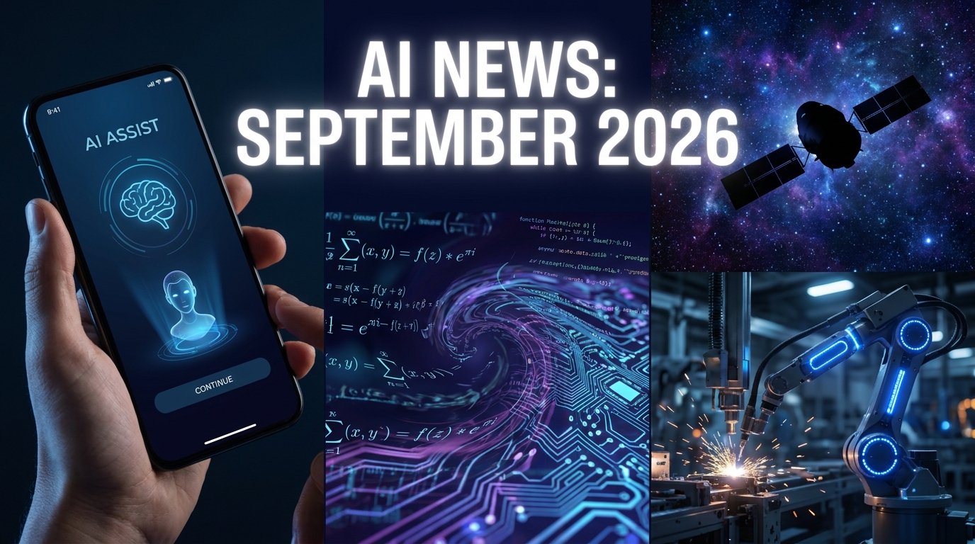 AI News September 2026 hero montage showing mobile AI apps, spacecraft, factory robots and mathematical equations