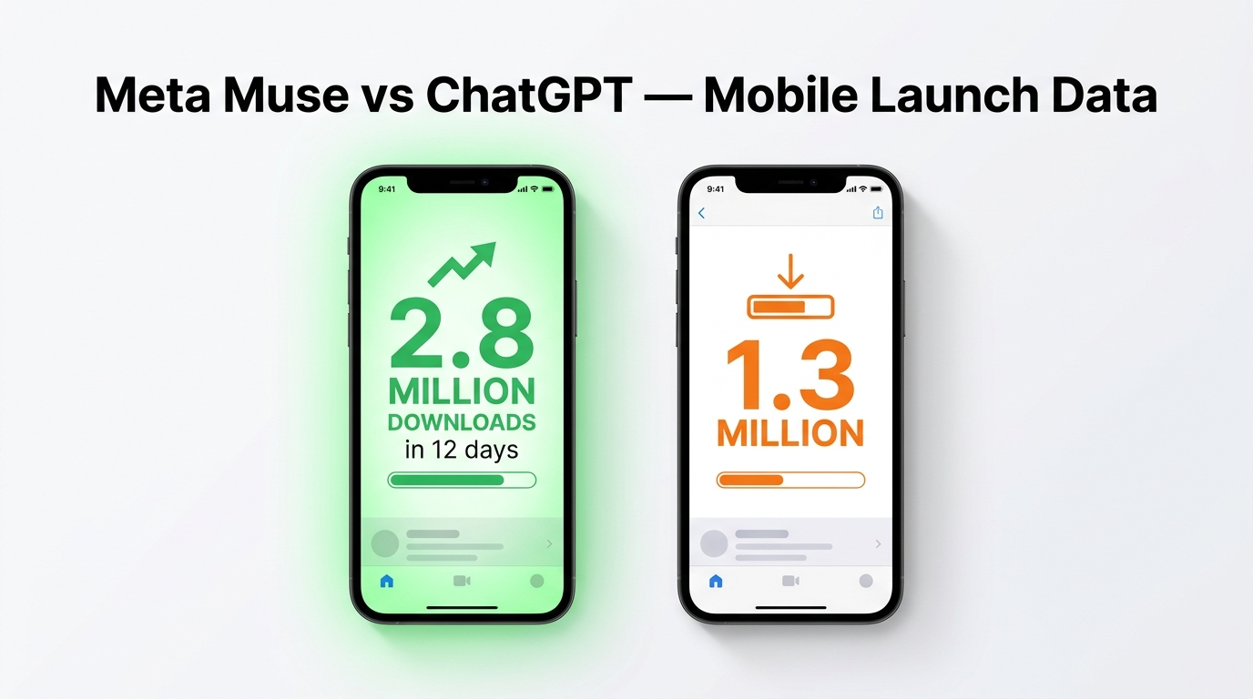 Side-by-side comparison of Meta Muse vs ChatGPT mobile download numbers — 2.8 million vs 1.3 million in first 12 days