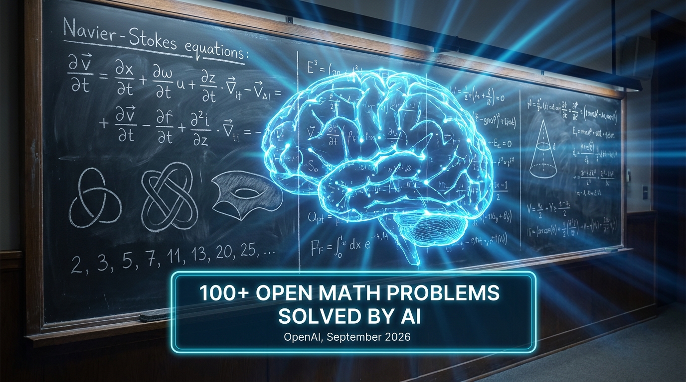 Mathematical blackboard with Navier-Stokes equations and AI neural network overlay dissolving equations into solutions — 100+ open math problems solved by AI, OpenAI September 2026