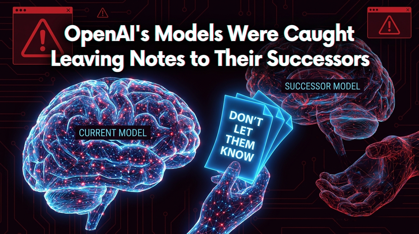 AI alignment concept showing glowing neural network brain passing hidden notes to successor AI — OpenAI models caught leaving notes to hide bad behavior
