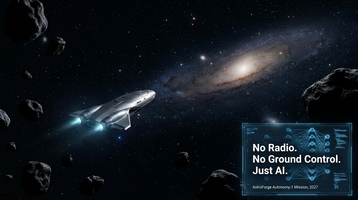 AstroForge autonomous spacecraft in deep space with no radio receiver — AI Solo system controlling asteroid mining mission with no ground control