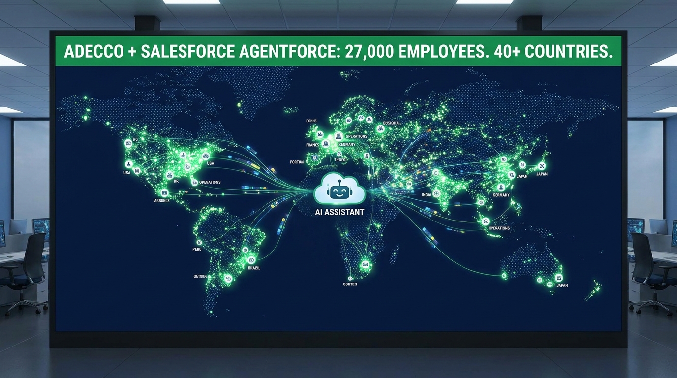 Adecco global AI deployment map showing 27,000 employees across 40 countries connected via Salesforce Agentforce AI assistant