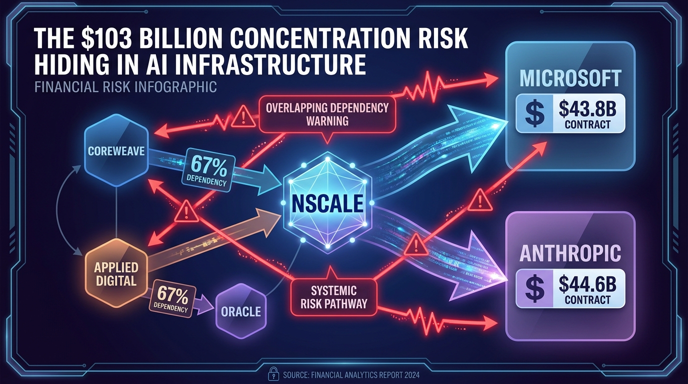 AI infrastructure concentration risk infographic showing Nscale's $103 billion in contracts heavily concentrated with Microsoft and Anthropic, and similar patterns at CoreWeave and Applied Digital