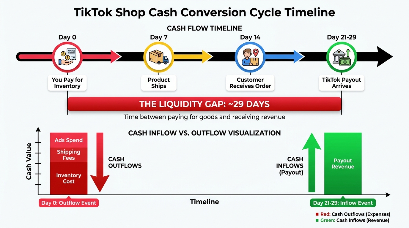 TikTok Shop cash conversion cycle timeline showing the 29-day liquidity gap between inventory payment and payout receipt