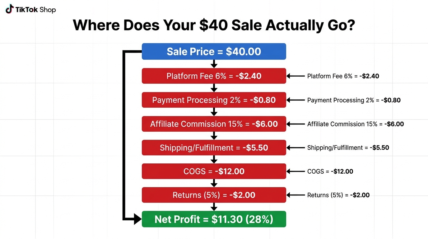 TikTok Shop unit economics waterfall chart showing where a $40 sale's revenue goes across fees, commissions, fulfillment, and COGS