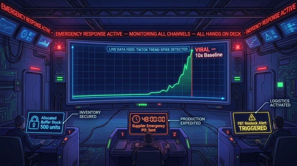 Operations control room dashboard responding to a TikTok viral sales spike with buffer stock allocation, emergency PO triggers, and FBT restock alerts