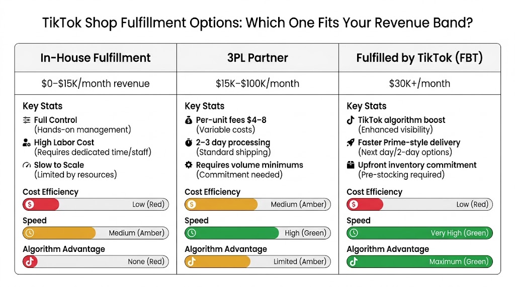 Comparison table of TikTok Shop fulfillment options — in-house, 3PL, and Fulfilled by TikTok — with cost, speed, and algorithm advantage ratings by revenue band