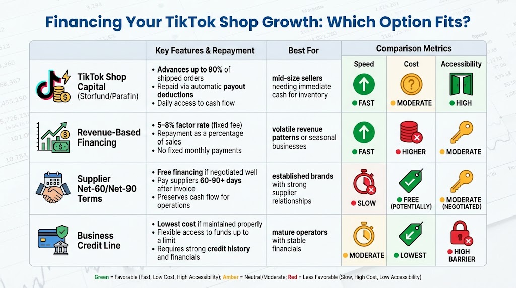 Working capital financing options comparison for TikTok Shop sellers including TikTok Shop Capital, revenue-based financing, supplier terms, and business credit lines