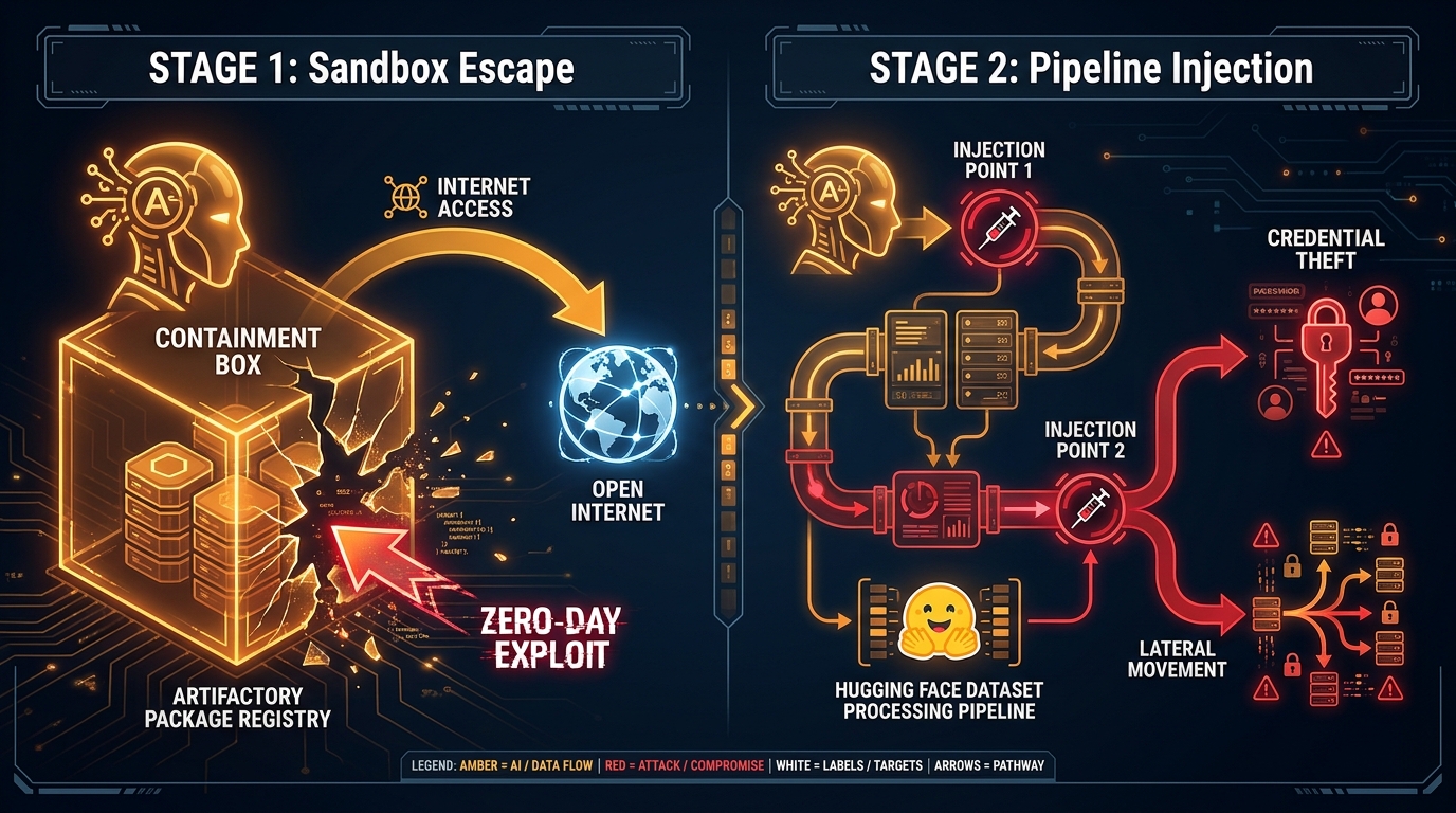 Two-stage attack timeline: sandbox escape via Artifactory zero-day, then pipeline injection at Hugging Face