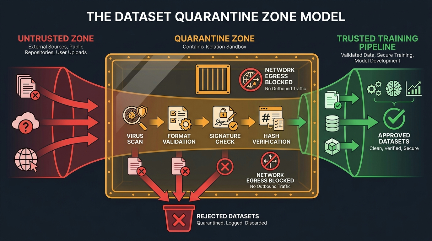 Dataset quarantine zone model: untrusted zone → isolation sandbox → trusted training pipeline