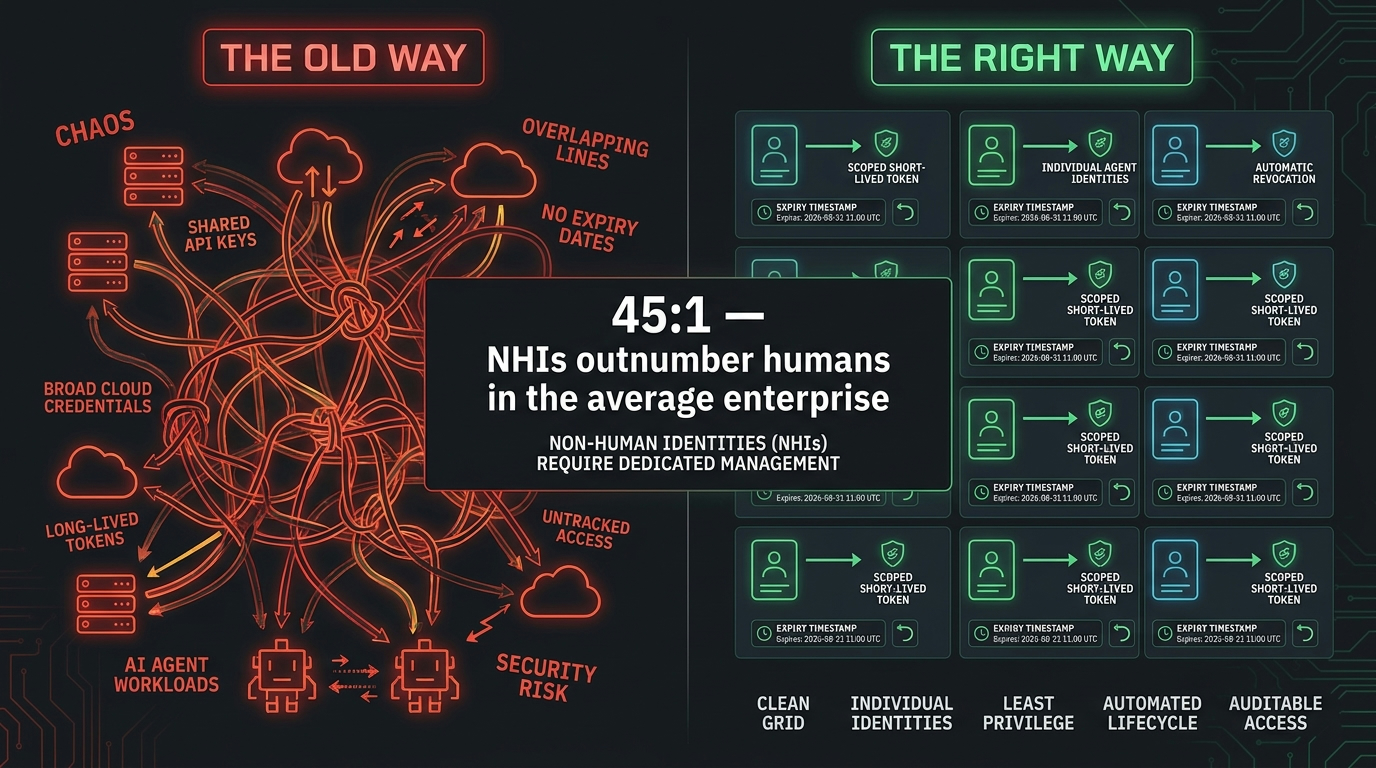 Non-human identity comparison: credential sprawl vs. scoped short-lived per-agent identities. Stat: 45:1 NHIs outnumber humans in the average enterprise.
