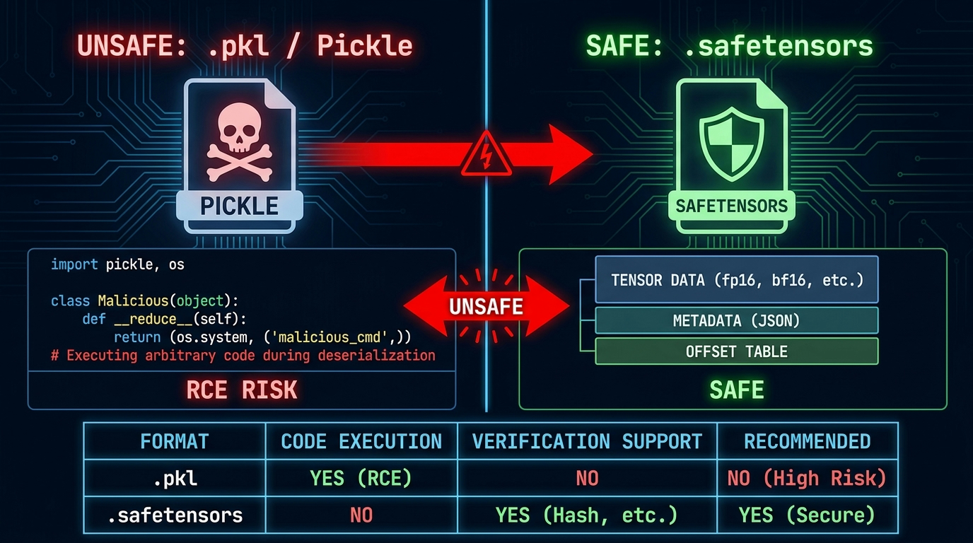 Pickle vs Safetensors format security comparison: pickle enables RCE, safetensors stores only tensor data safely