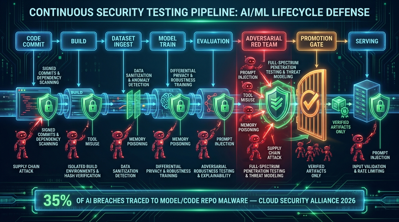 Continuous security testing pipeline from code commit through adversarial red team evaluation to promotion gate and serving