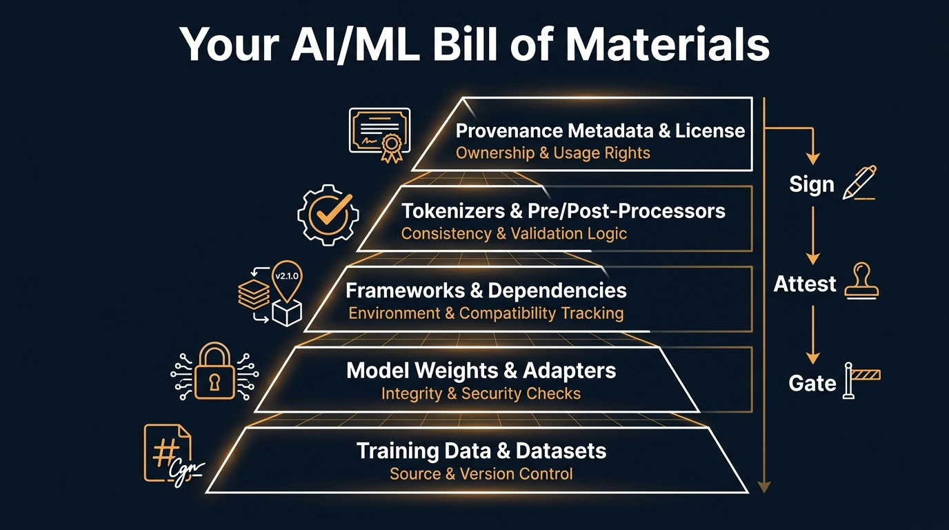 ML Bill of Materials pyramid: training data, model weights, frameworks, tokenizers, and provenance metadata — sign, attest, and gate