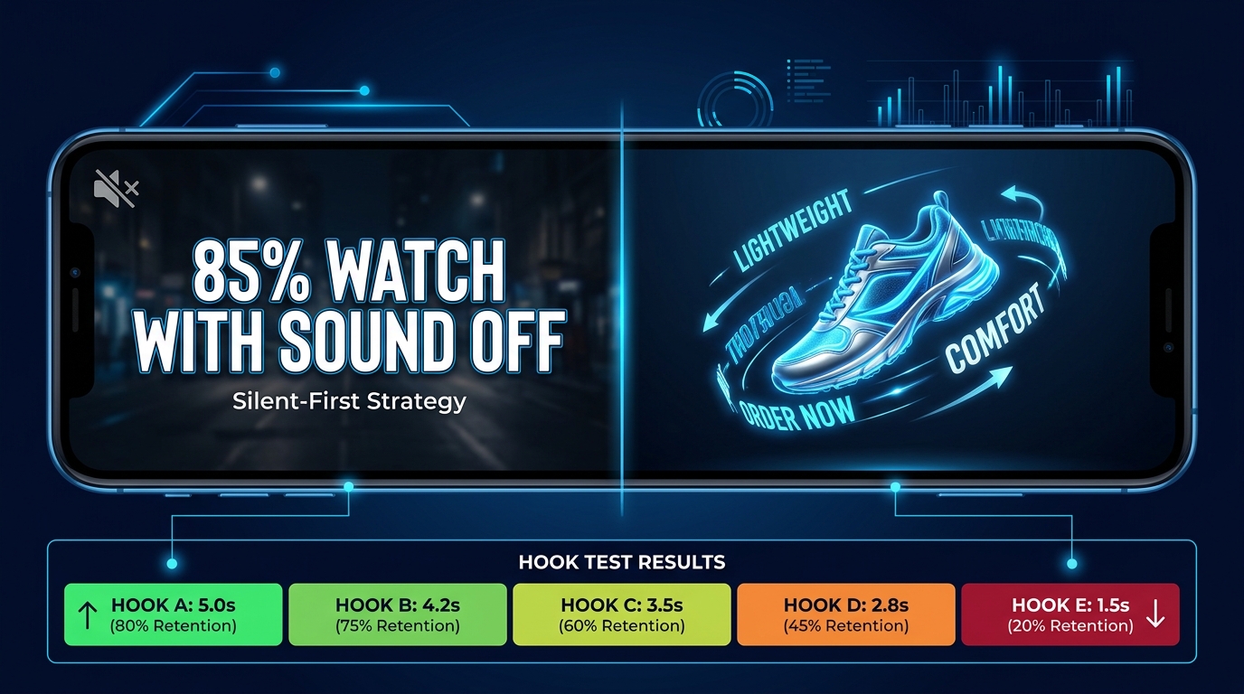 Split-screen showing 85% of video ads watched with sound off alongside a 5-hook test result bar chart