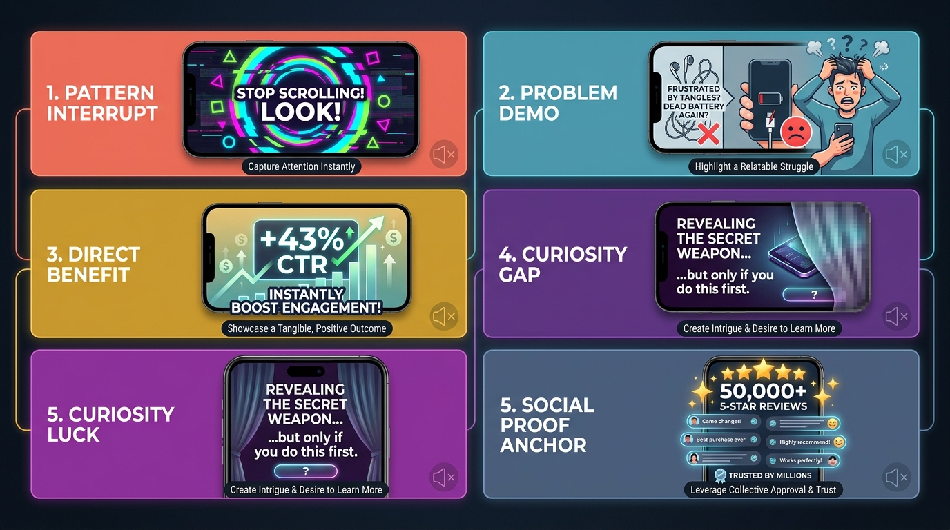 Five hook types for silent video ad creative — Pattern Interrupt, Problem Demo, Direct Benefit, Curiosity Gap, and Social Proof Anchor — shown as color-coded panels