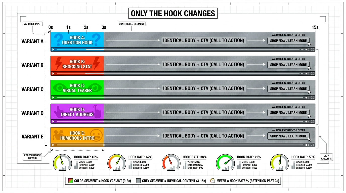 A/B testing diagram showing five video timelines where only the first 3 seconds (hook) changes across variants while the body and CTA remain identical