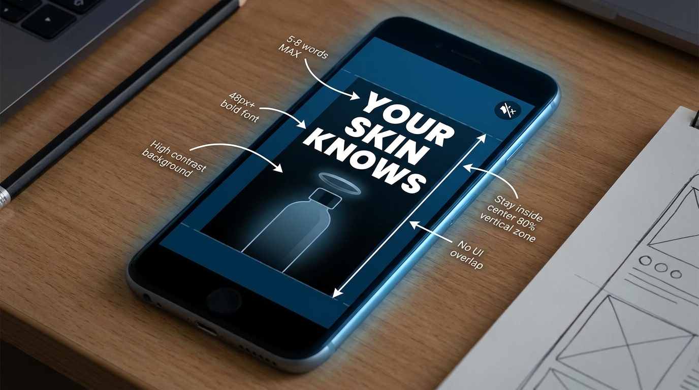 Annotated mobile phone mockup showing the design blueprint for a silent-first video ad first frame with typography and layout specifications