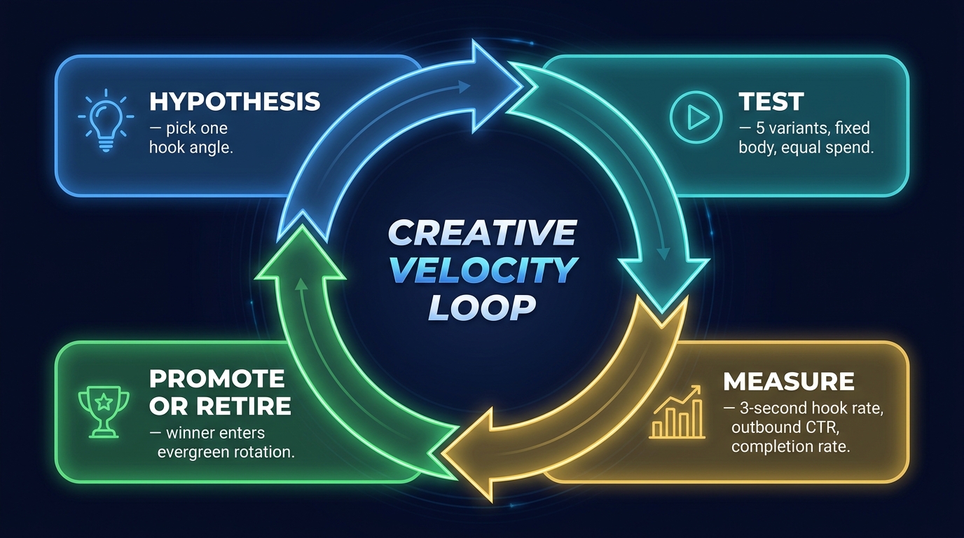 Creative velocity loop diagram showing the four-stage cycle of Hypothesis, Test, Measure, and Promote or Retire for video hook testing
