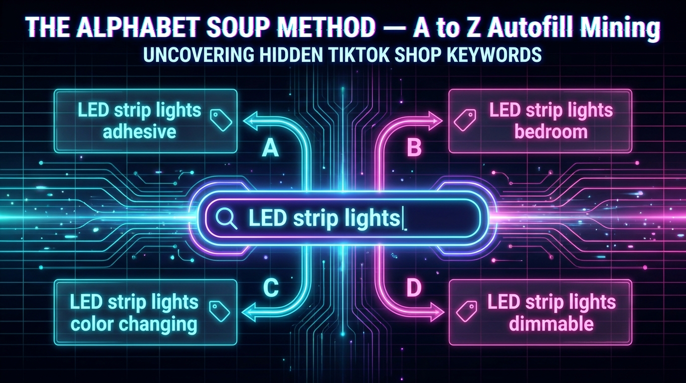 Alphabet Soup Method diagram showing LED strip lights keyword branching A through D with autofill suggestions